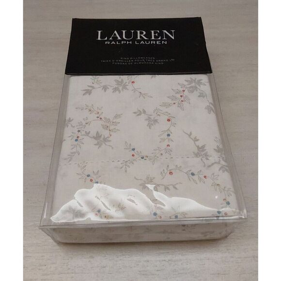 Ralph Lauren CAROLYNE VINE White Grey Floral Cotton King Pillowcases 2-Pack - Picture 5 of 10